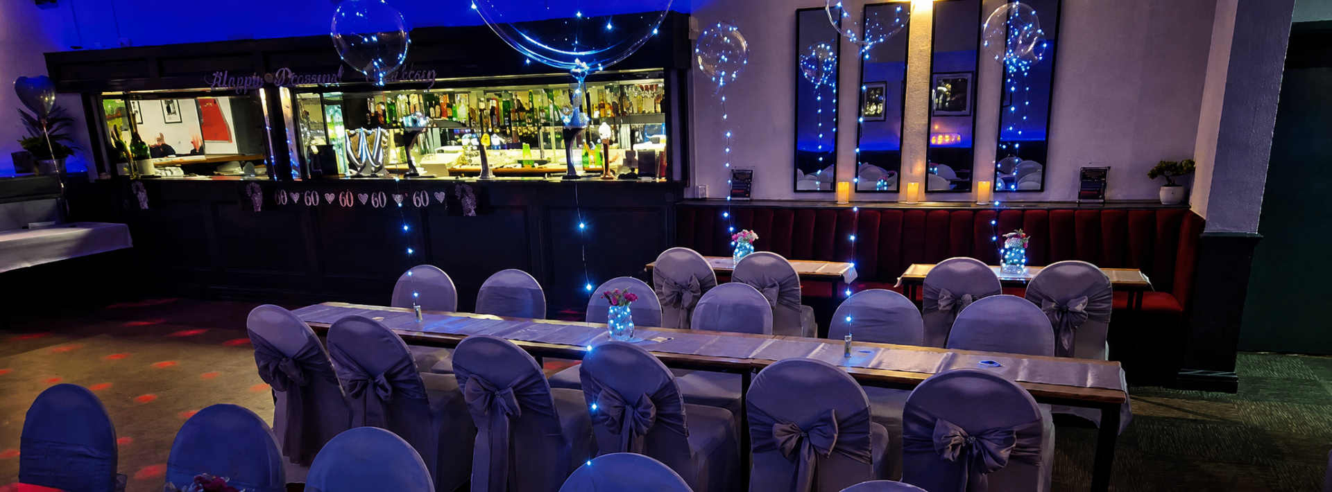 Function room decorated for a celebration at St Oswalds Social Club